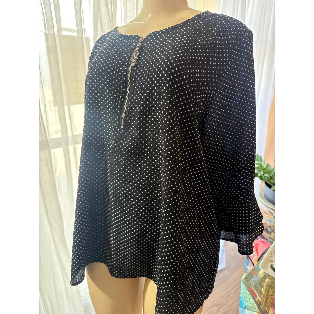 Cathy Polka Dot Zipper Front Blouse XL Black White Tassel Chain Ruffle Sleeve - Picture 2 of 6